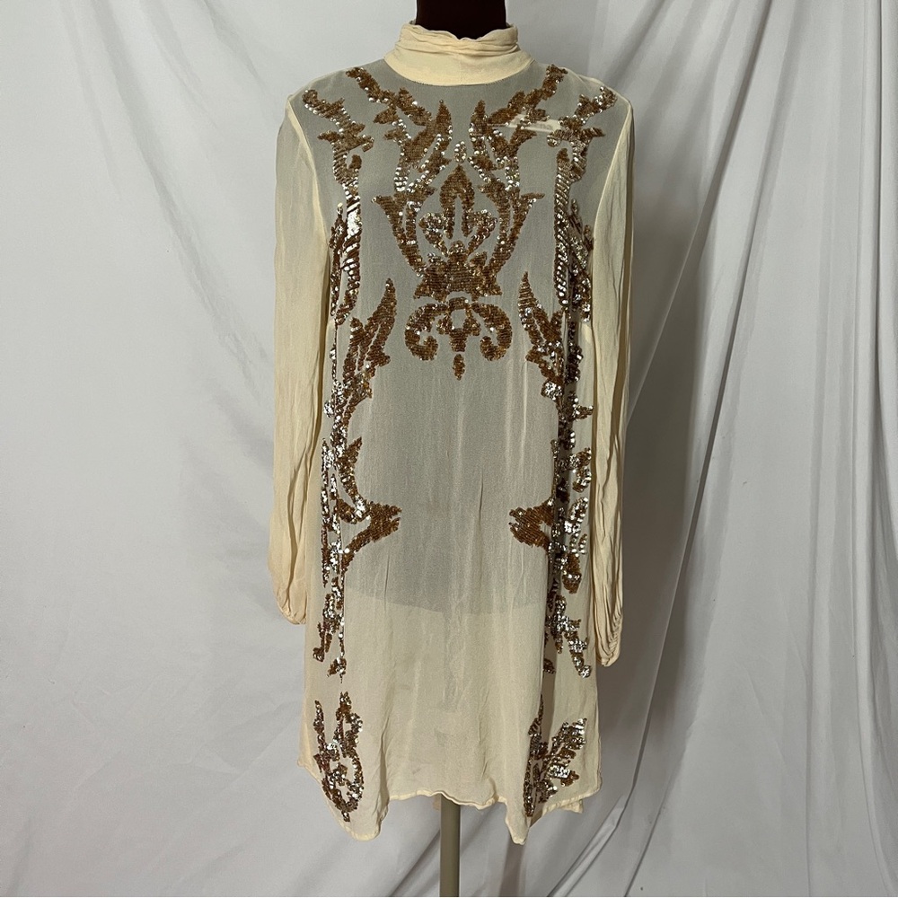 FP Just Like Heaven Sheer Crepe Shift Dress w/ Iridescent Gold Sequins Sz 6